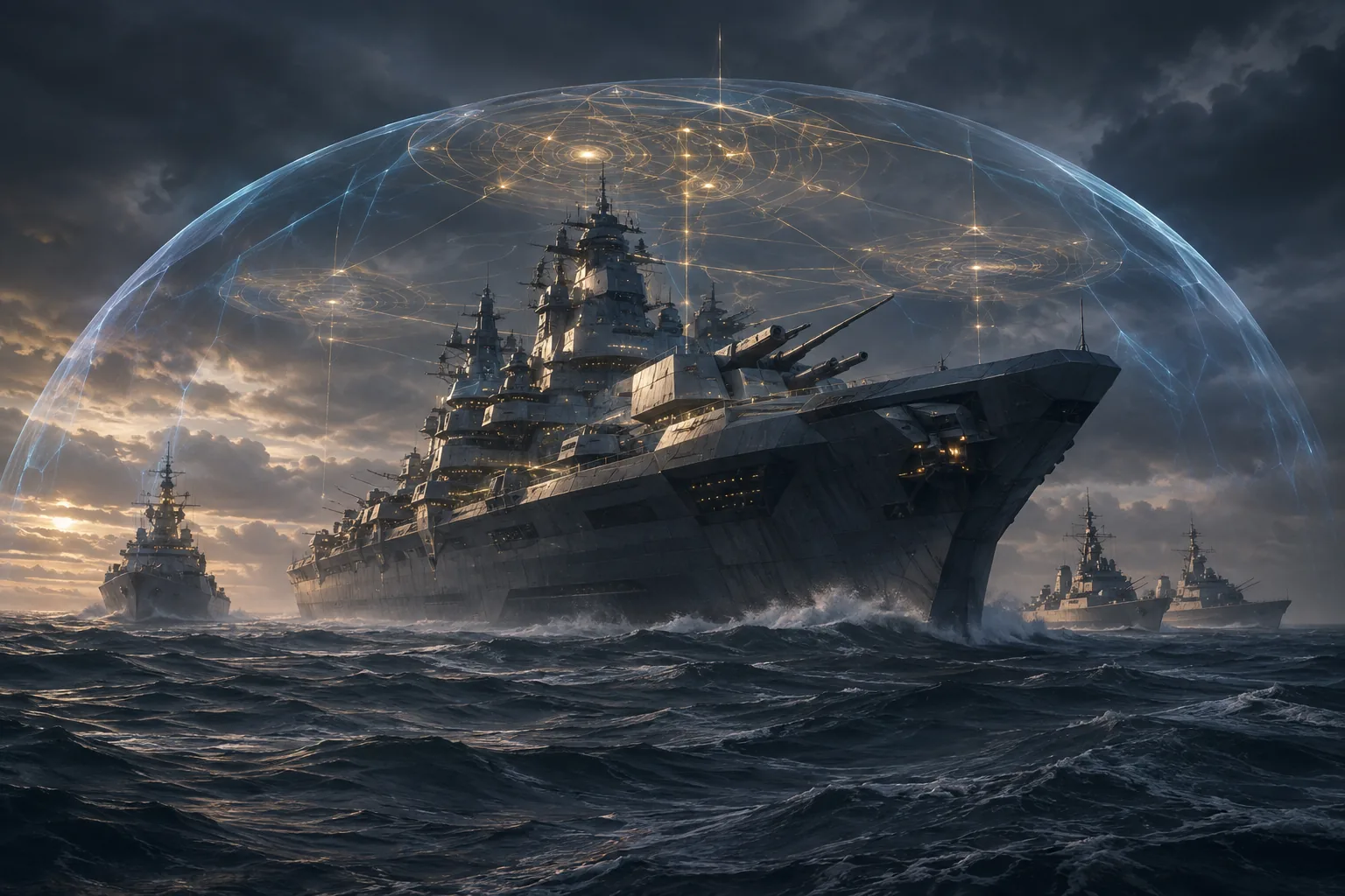 魔力障壁と魔法陣による防空システムを備えた欧州連合の艦隊